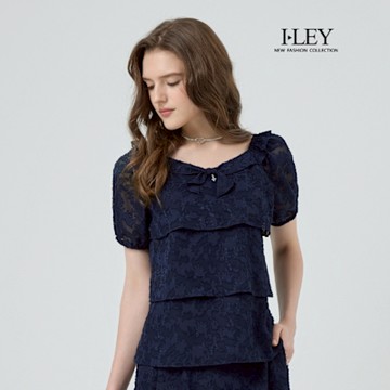 ILEY伊蕾 小蝴蝶結蛋糕燒花短袖上衣(深藍；M-2L)