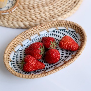 日式果盤小巧藤口 手工藤編印花 家用果碟餐盤