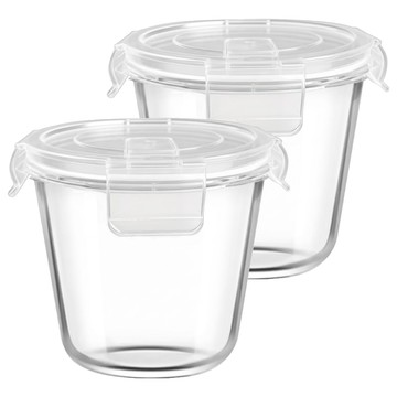 日本 FOREVER 耐熱玻璃深形保鮮盒 圓形 透明白 750ml  2套  容器 + 蓋子