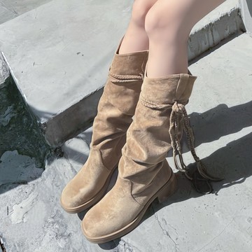 【I called Love】編繩流蘇絨布粗跟長靴