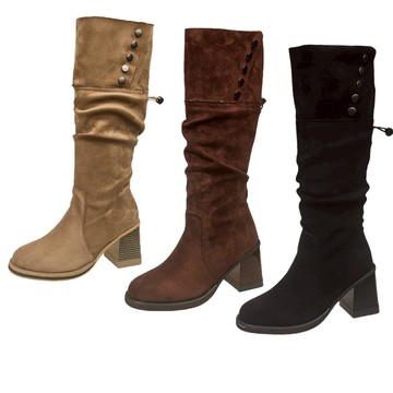 【白鳥麗子】率性排釦抽繩側拉鍊圓頭粗跟長靴2WAY反摺兩穿 店長推薦