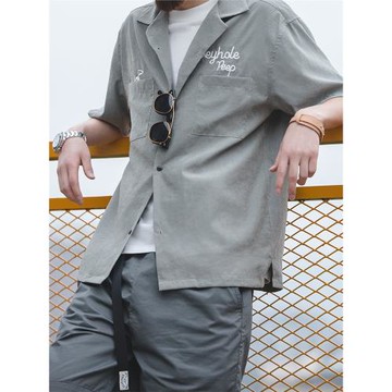 馬登法式短袖桃皮絨古巴領工裝