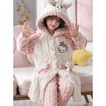 兒童睡袍女孩珊瑚絨秋冬季加厚保暖睡衣長款女童凱蒂貓家居服浴袍