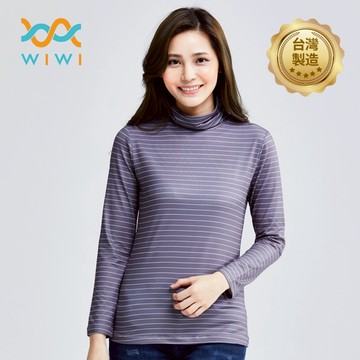 MIT 寬條紋溫灸刷毛高領發熱衣(灰白色 女S-XL)0.82遠紅外線 迅速升溫 加倍刷毛 3效熱感 輕薄顯瘦