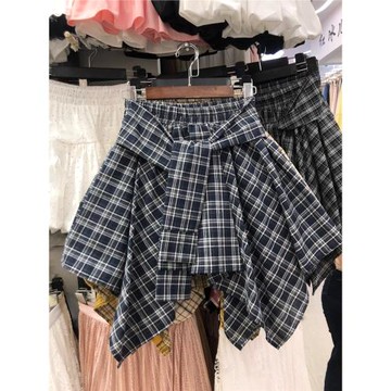 假兩件格子綁帶半身裙女夏季休閑高腰顯瘦不規則氣質減齡a字短裙