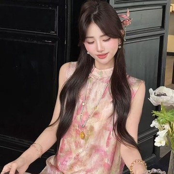 熱銷人氣王💥新中式時尚套裝女夏寬鬆遮肉顯瘦暈染背心浮光錦上衣闊腿褲兩件套2RIS