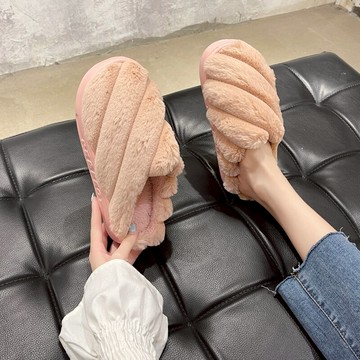 簡約派時尚麻花棉拖鞋女厚底防滑包頭毛絨絨拖鞋軟底家居毛毛鞋子