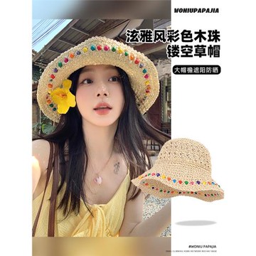 蝸牛爬爬家韓國彩色糖豆甜美草帽女2025春新款海邊度假漁夫帽