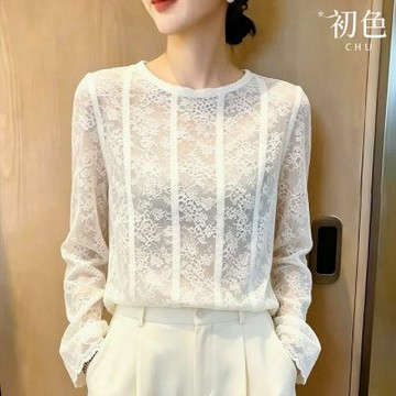 初色 日韓通勤風純色圓領蕾絲鏤空拼接寬鬆顯瘦百搭長袖上衣女上衣-白色-53746(M-XL可選)