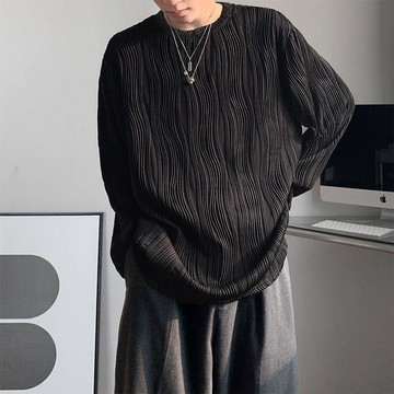 摩登秀🔥長袖素T 純棉重磅T恤 男生長袖 圓領長T 厚磅打底衫 大學T 素色百搭上衣秋季長袖T恤男學生韓版寬鬆褶皺紋理