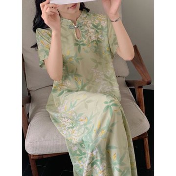 新中式棉綢睡裙夏季女2025新款加長短袖連衣裙盤扣可外穿裙子腰帶