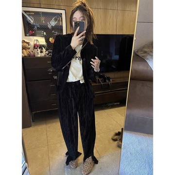 絲絨套裝女2024年新款秋季顯瘦休閑時尚上衣+開叉拖地長褲兩件套