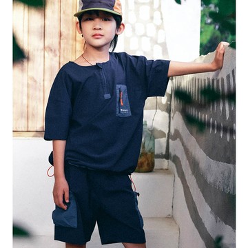 Y B S - 半開襟短袖上衣+五分褲兩件式套裝-撞色口袋-藍色