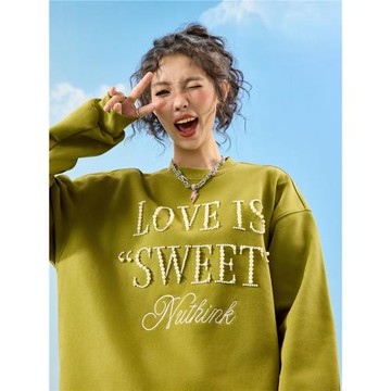 Nuthink美式復古珍珠字母圓領衛衣綠色寬松潮情侶男女款2026年春