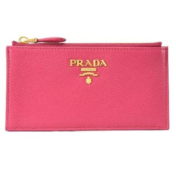 PRADA 1MC079 浮雕 LOGO小羊皮6卡大容量零錢包.芍藥粉