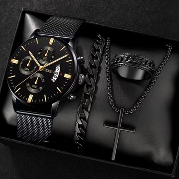 隔日達🔥男士手錶4件套🔥霸氣不鏽鋼錶帶男錶 自動日曆男士手錶 潮流時尚酷黑手錶 黑色手錶手鏈項鏈戒指 極簡石英錶套裝