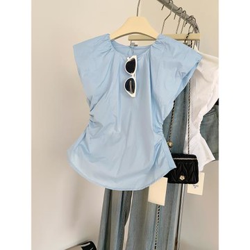 圓領小飛袖襯衫女秋季新款抽褶皺收腰無袖短款小衫設計感小眾上衣