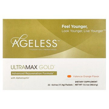 Ageless Foundation Laboratories, UltraMax Gold 高級煥膚配方，含 Alphatrophin，晚侖西亞橙味，22 袋裝，17.4 克/袋