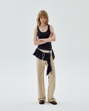 MARDI MERCREDI 蕾絲腰頭 鬆緊長褲 淺褐色 燙鑽Logo PANTS WAISTBAND LACE DETAIL