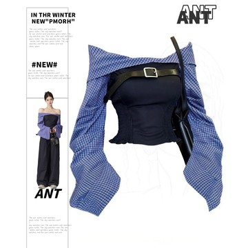 【ANT】格紋拼接一字肩燈籠袖短版長袖上衣女 長袖 上衣 短版上衣 韓系上衣 露肩上衣 長袖上衣女 微辣上衣 設計款上衣