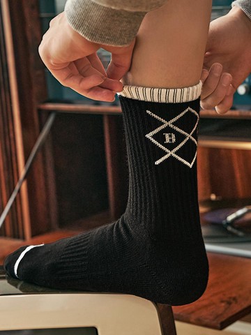 Cross Back Point Cotton Cushion Sports Socks [Beige/Black]