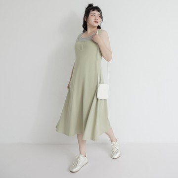 親膚彈性假兩件懶人長洋裝