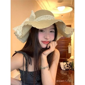 海邊度假🌟 夏季防曬遮陽帽海邊甜美漁夫帽透氣蕾絲蝴蝶結沙灘帽簷遮陽草帽沙灘帽 防曬帽