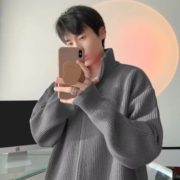 秋冬季潮牌慵懶風高級感素色外套男港風針織小外套拉鍊外套男