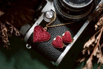 【老飾品/西洋老件】立體亮粉閃亮愛心項鍊與耳環組