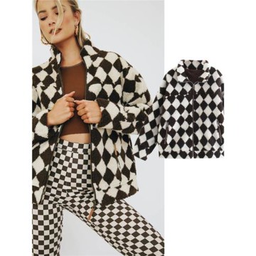 超火焦糖可可棋盤格 美式復古秋冬辣妹羊羔絨設計感加厚寬松外套