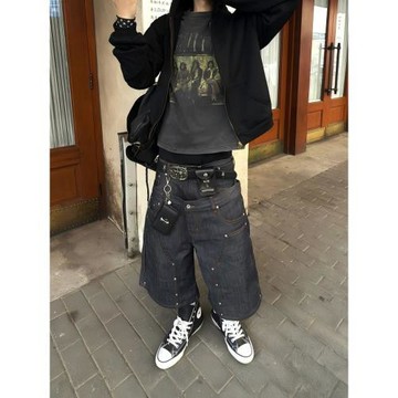 Start美式復古街頭水洗伐木工裝牛仔短褲男小眾鉚釘雙腰頭七分褲