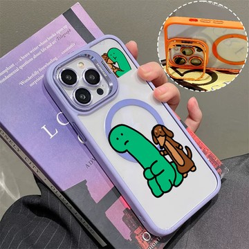 綠色小恐龍 磁吸手機殼 金屬鏡頭支架 保護殼 適用於iPhone 17 16 15 14 13 12 11 Max防摔殼