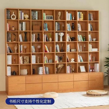 北歐簡約實木櫻桃木滿墻書架客廳圖書館滿墻書柜帶卡座白橡木原木