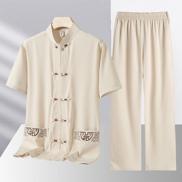 中老年短袖套裝男|大尺碼40-100公斤男裝上衣|夏季唐裝襯衫|爺爺國風兩件套爸爸裝夏季襯衫晨練漢服韓係穿搭韓版衣服