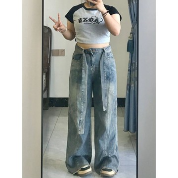 【吉野姐姐】大尺碼牛仔褲 胖mm設計感毛邊高腰牛仔褲女寬鬆闊腿褲 落地慵懶感綁帶牛仔褲 大碼長褲 顯瘦百搭牛仔褲 直筒褲