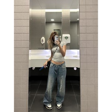 千禧年高質量低腰寬松萬能百搭舒適牛仔褲版型超好水洗寬松闊腿褲