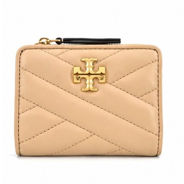 TORY BURCH KIRA 金字LOGO羊皮斜紋拉鍊零錢短夾-奶茶
