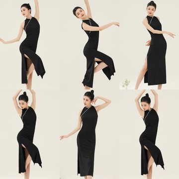 現代古典舞蹈服旗袍身韻練功服女成人開叉黑色顯瘦中國舞演出服裝