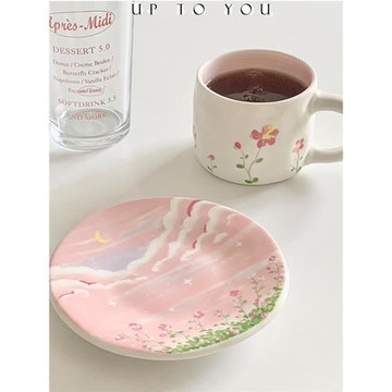 SHˇ自制咖啡杯ins韓風陶瓷杯碟套裝粉色手繪少女心下午茶點心盤