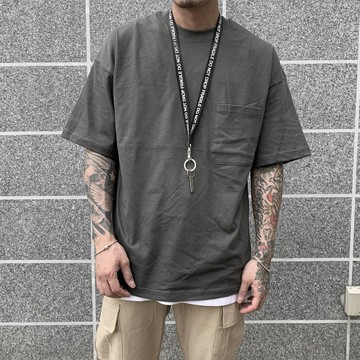 【AMERO】男女裝 圓領短袖T恤 素面 口袋 落肩款 情侶裝