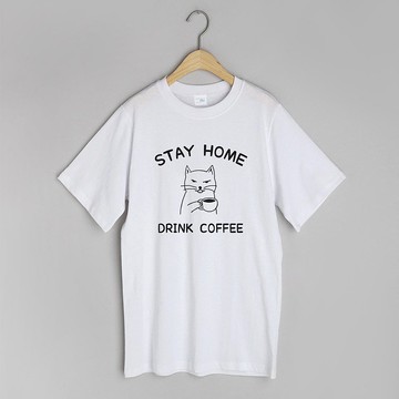 STAY HOME DRINK COFFEE 中性短袖T恤 白色 待在家裡喝咖啡防疫貓