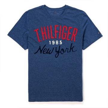 TOMMY 熱銷刺繡文字圖案短袖T恤-藍色
