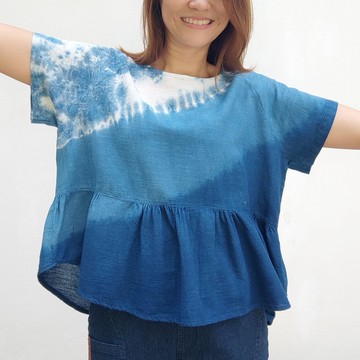 Leda 3 Tones - 靛藍色紮染寬鬆喇叭下擺上衣