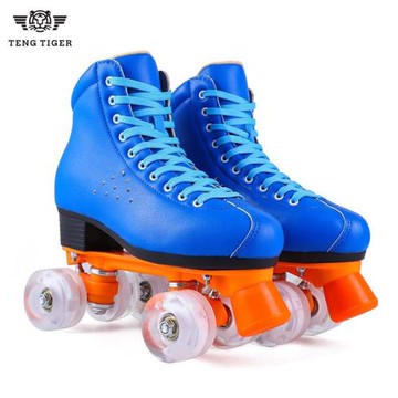 TENGTIGER/騰虎溜冰鞋雙排輪滑鞋藍色男女溜冰鞋成人四輪閃光輪