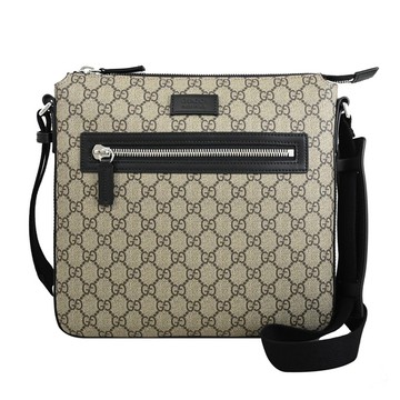 GUCCI 779846 GG Supreme 品牌印花皮革休閒斜背包.駝/黑邊