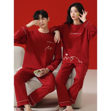 芬騰可安情侶睡衣本命年春秋純棉新婚結婚紅色一男一女家居服冬季