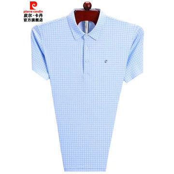 皮爾卡丹夏季高端桑蠶絲短袖t恤男 翻領中年格子休閑襯衫領polo衫