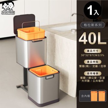 ANDYMAY2 40L 格拉斯高質感靜音緩降不鏽鋼垃圾桶雙層 OH-Q605