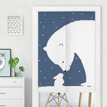 半島良品 簡約北歐風半開型棉麻門簾-白熊與白兔(附伸縮桿)