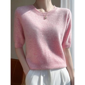 短袖軟糯秋季小山羊絨衫女圓領針織打底短款百搭五分袖毛衣半袖